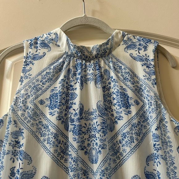 Calvin Klein blue and white drop waist tiered dress. Delft blue. Halter with tie - Picture 7 of 14